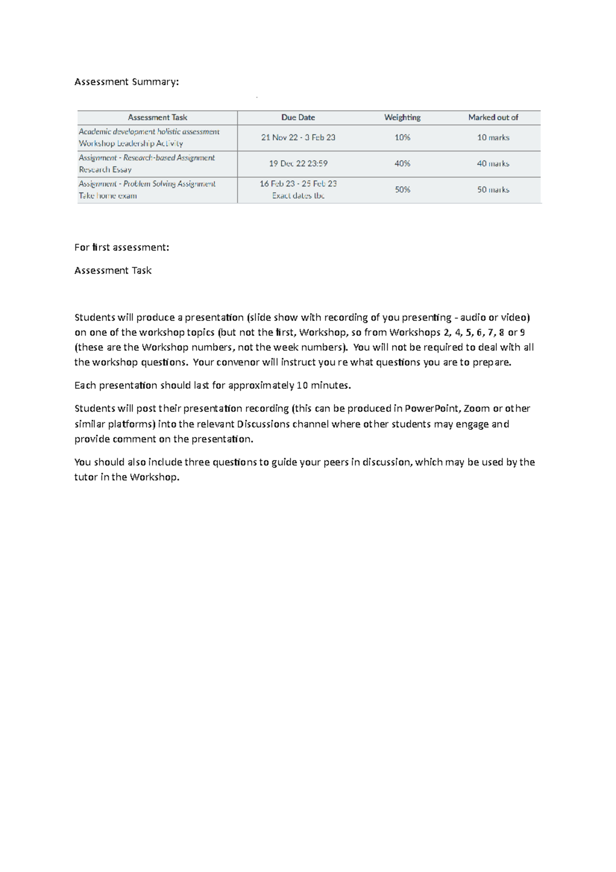 Assessment Summary - Assessment Summary: For first assessment ...