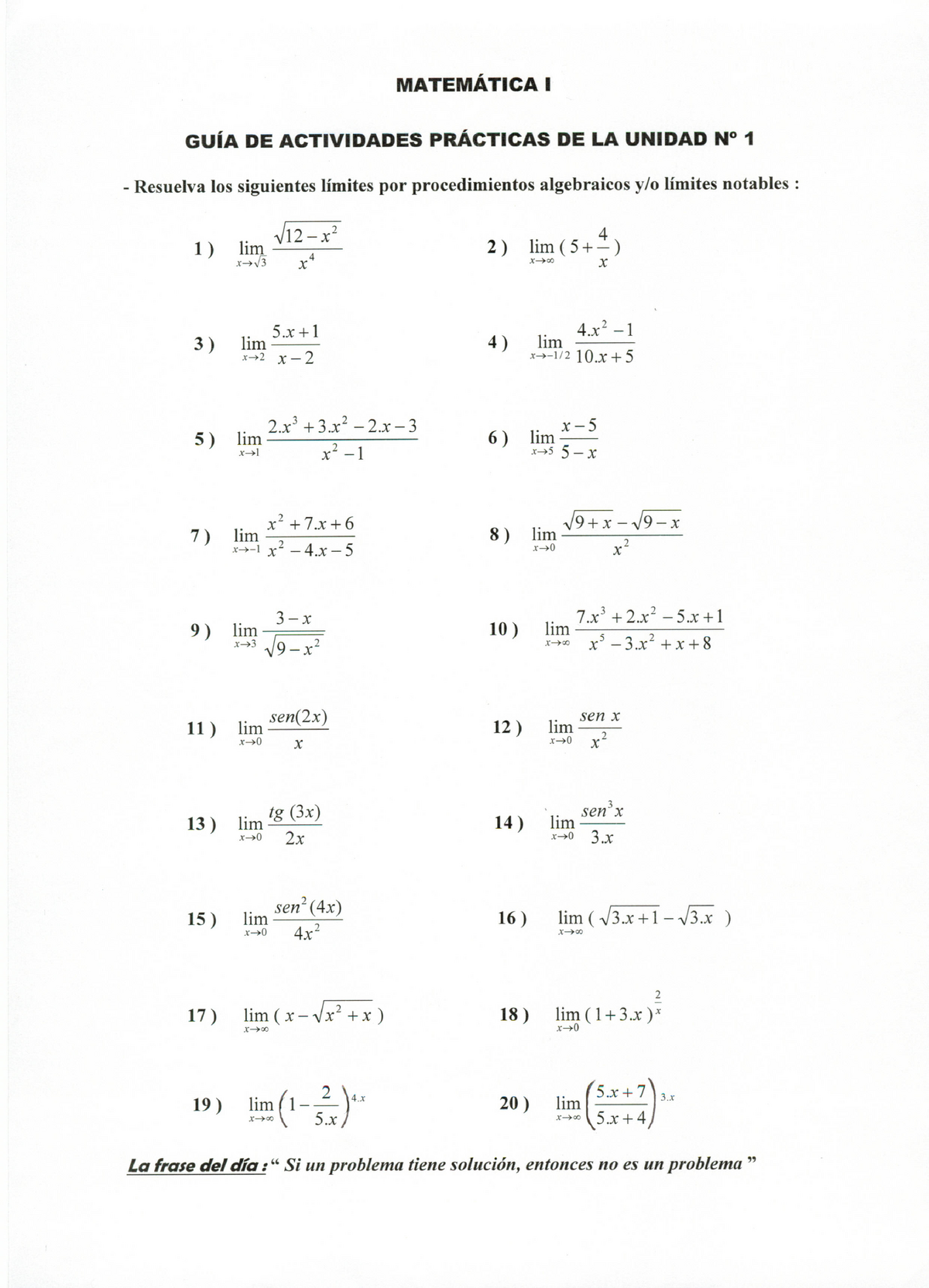 Ejercicios Resueltos De Limites Matematica I Guia De Actividades Practicas De La Unidad N° 1 8440