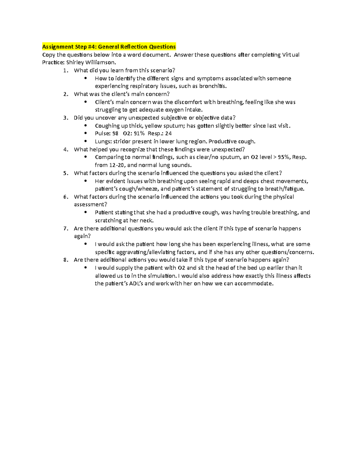 General Reflection Questions Shirley Williamson Assignment Step 4