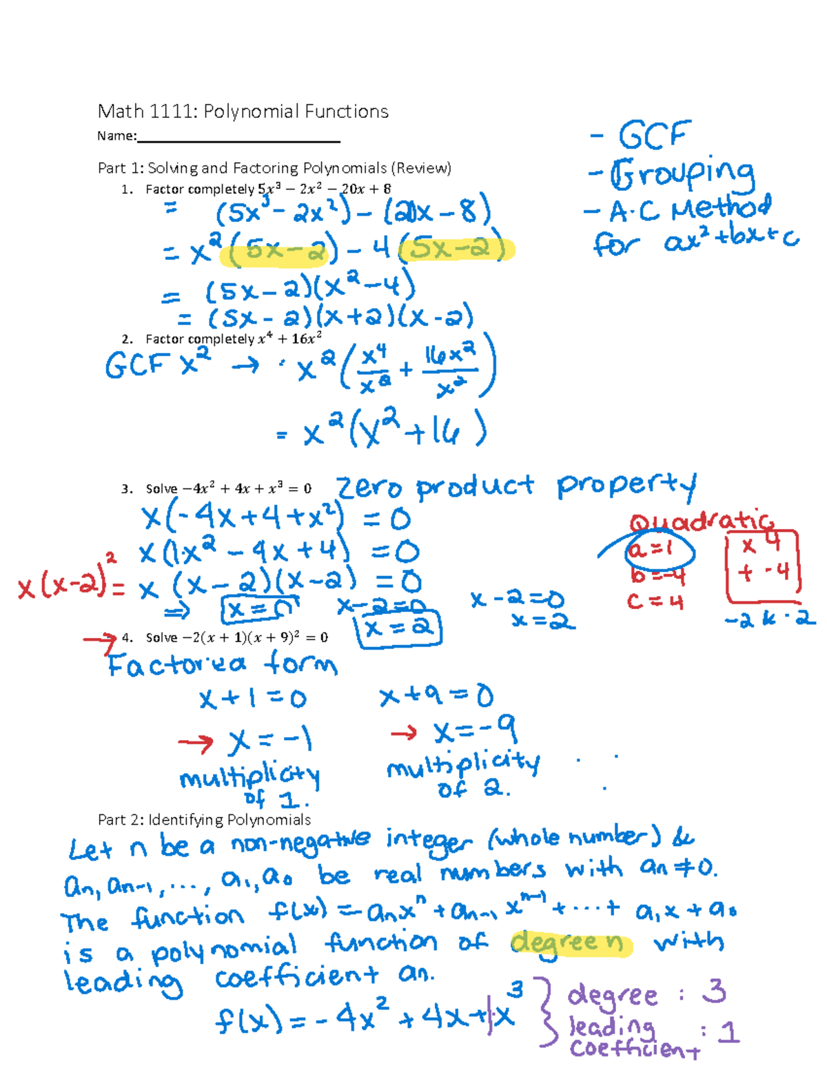 Polynomial Functions Solutions - Math 1111: Polynomial Functions Name ...