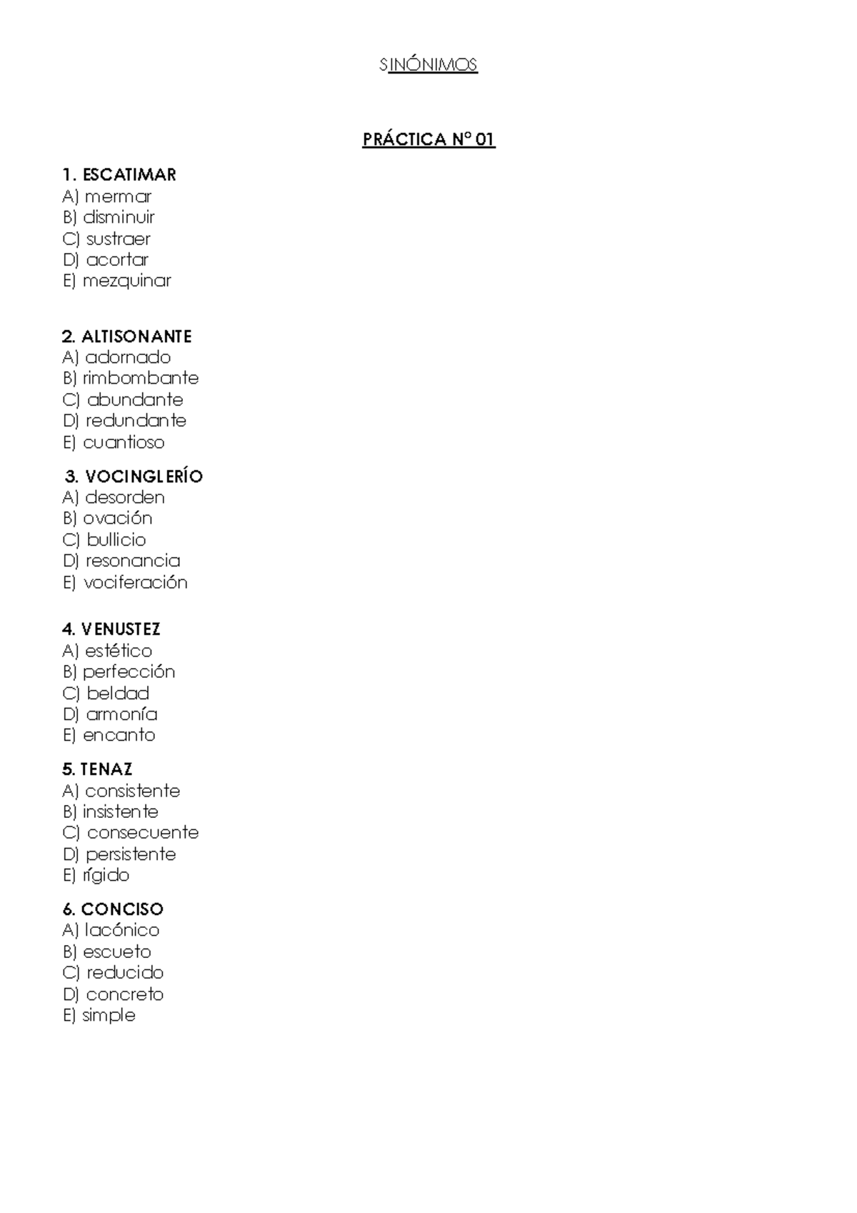 Practica de sinonimos y antonimos PDF SINÓNIMOS PRÁCTICA N° 01 1