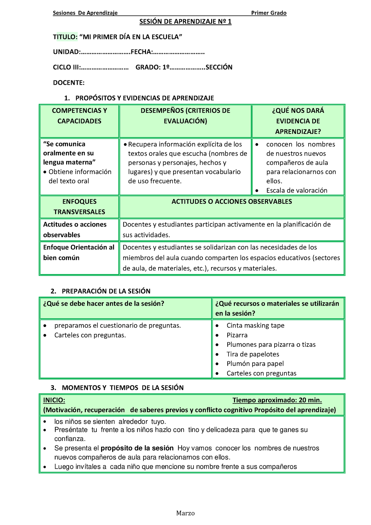 Sesion Primer Grado - Bien - SESIÓN DE APRENDIZAJE Nº 1 TITULO: “MI ...