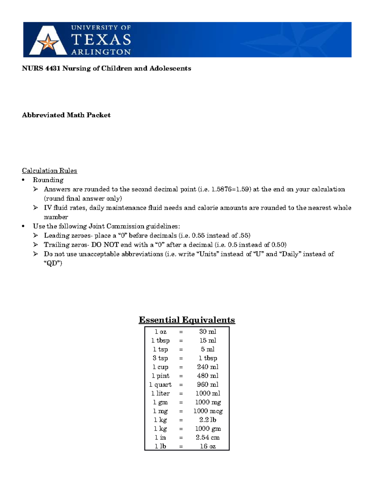 Abbreviated Math Packet Nurs 5465 Studocu