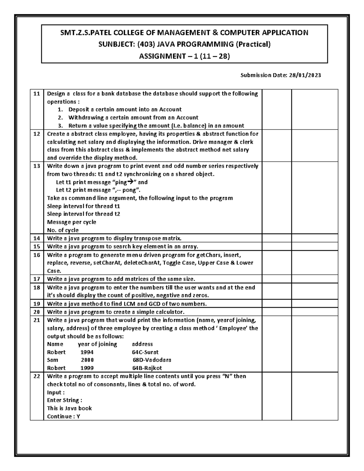 JAVA Assignment - Submission Date: 28/01/ 11 Design a class for a bank ...