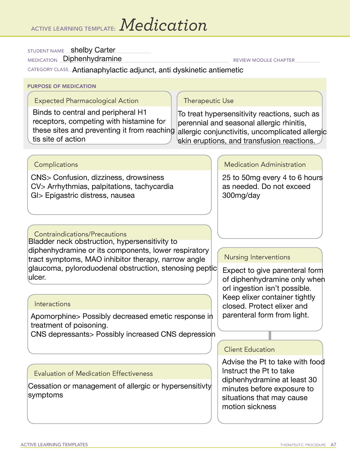 Diphenhydramine med templates ACTIVE LEARNING TEMPLATES THERAPEUTIC