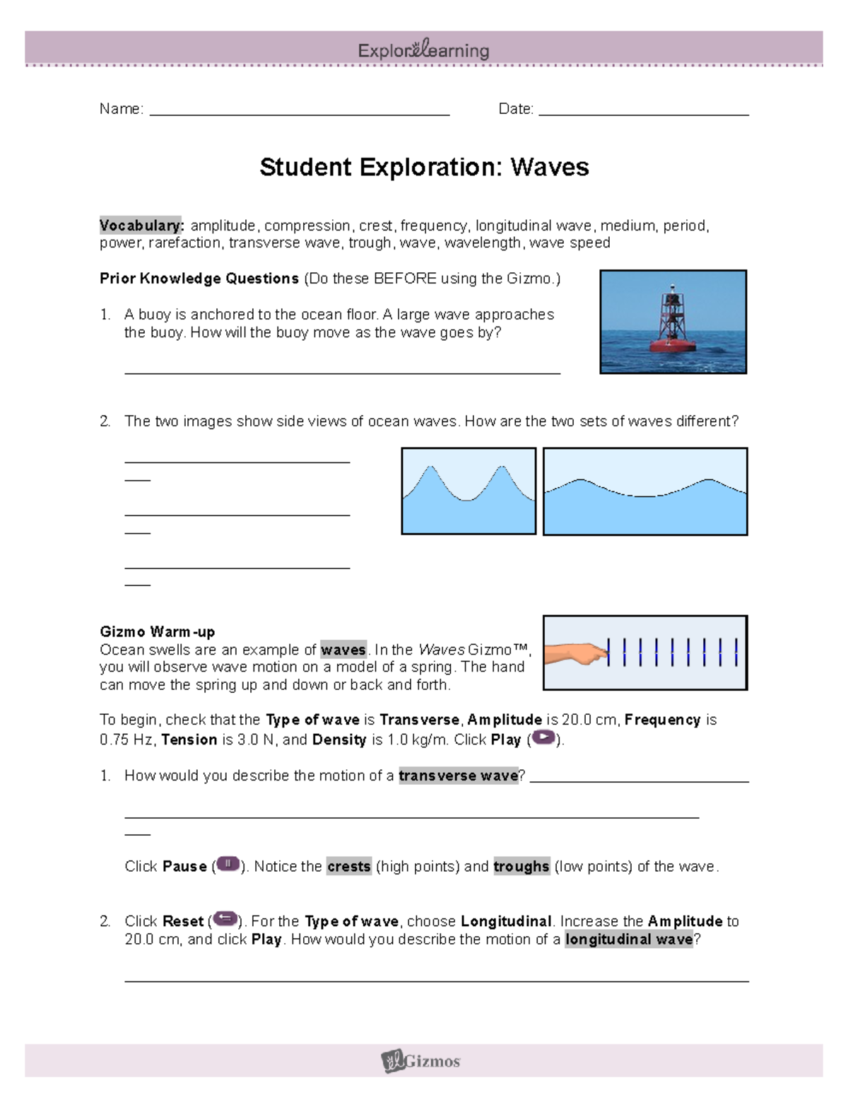 GizmoWaves worksheet Name Date Student Exploration Waves Vocabulary amplitude