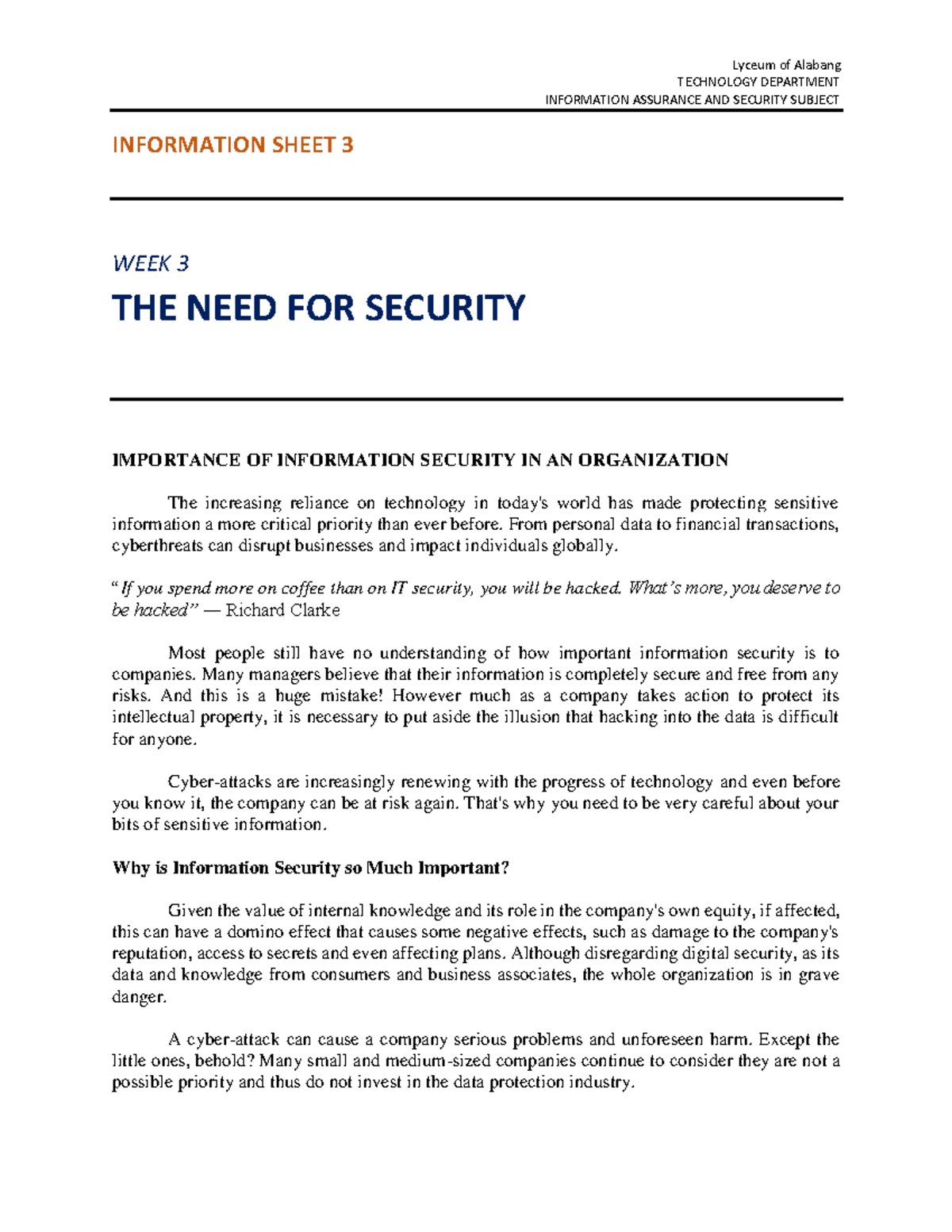 Information Sheet 3 - THE NEED FOR Security 1 - TECHNOLOGY DEPARTMENT ...