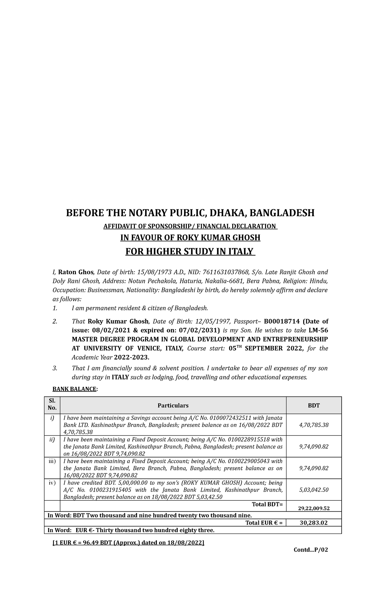 Sponsor Declaration Stamp Roky BEFORE THE NOTARY PUBLIC, DHAKA