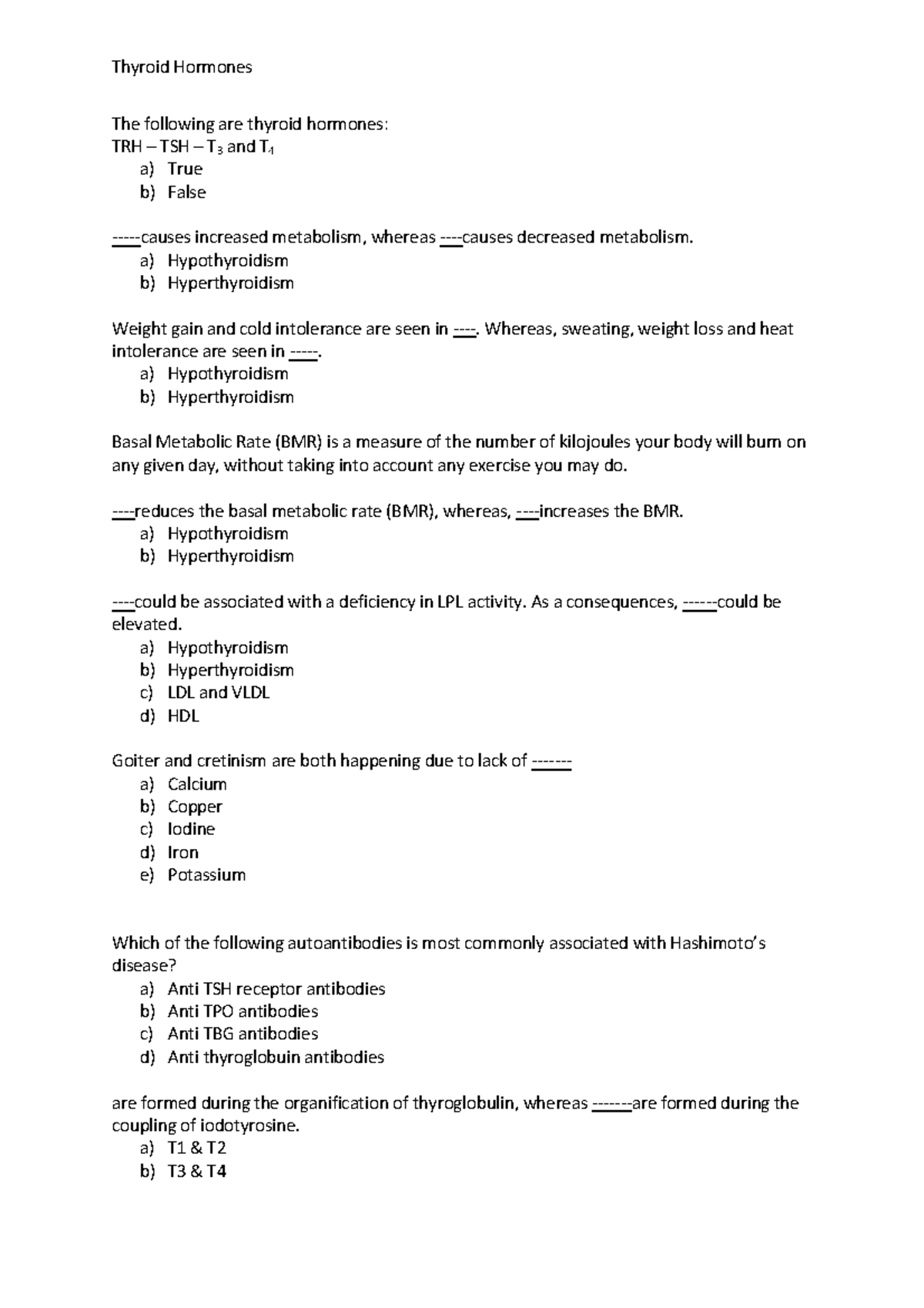 Biochemistry Thyroid Hormones Multiple Choice Questions