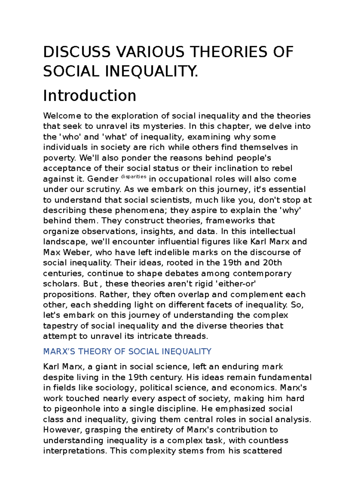 Discuss Various Theories OF Social Inequality DISCUSS VARIOUS