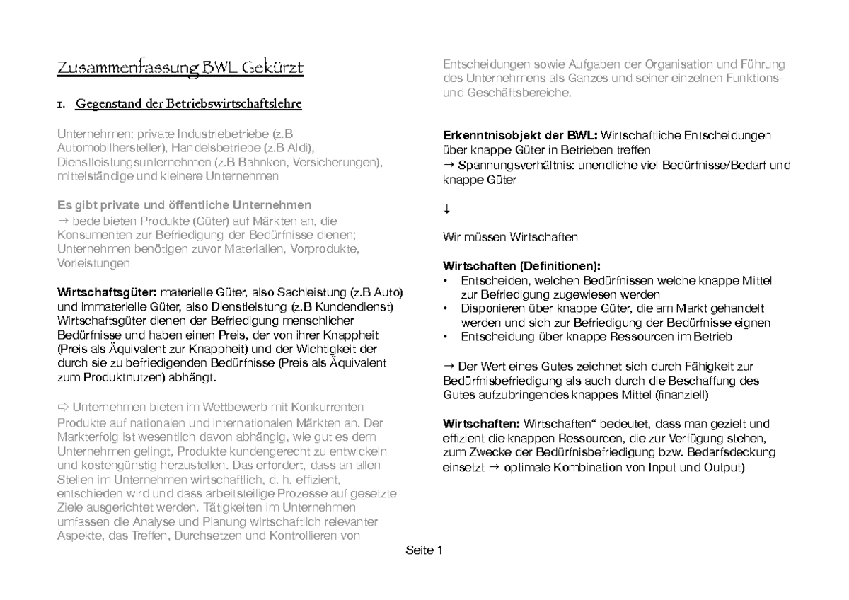 Grundlagen BWL Zusammenfassung Prof Maikranz - Zusammenfassung BWL ...