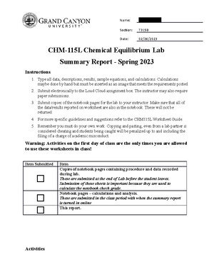 Grace K CHM-115L-RS-Lab4-Chemical Equilibrium-Sp23 - Section: T315B Date:  02/26/ CHM-115L Chemical - Studocu