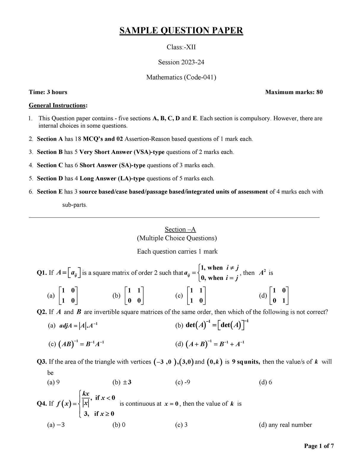 12 Maths-SQP 23-24 - ####### SAMPLE QUESTION PAPER Class:-XII Session ...