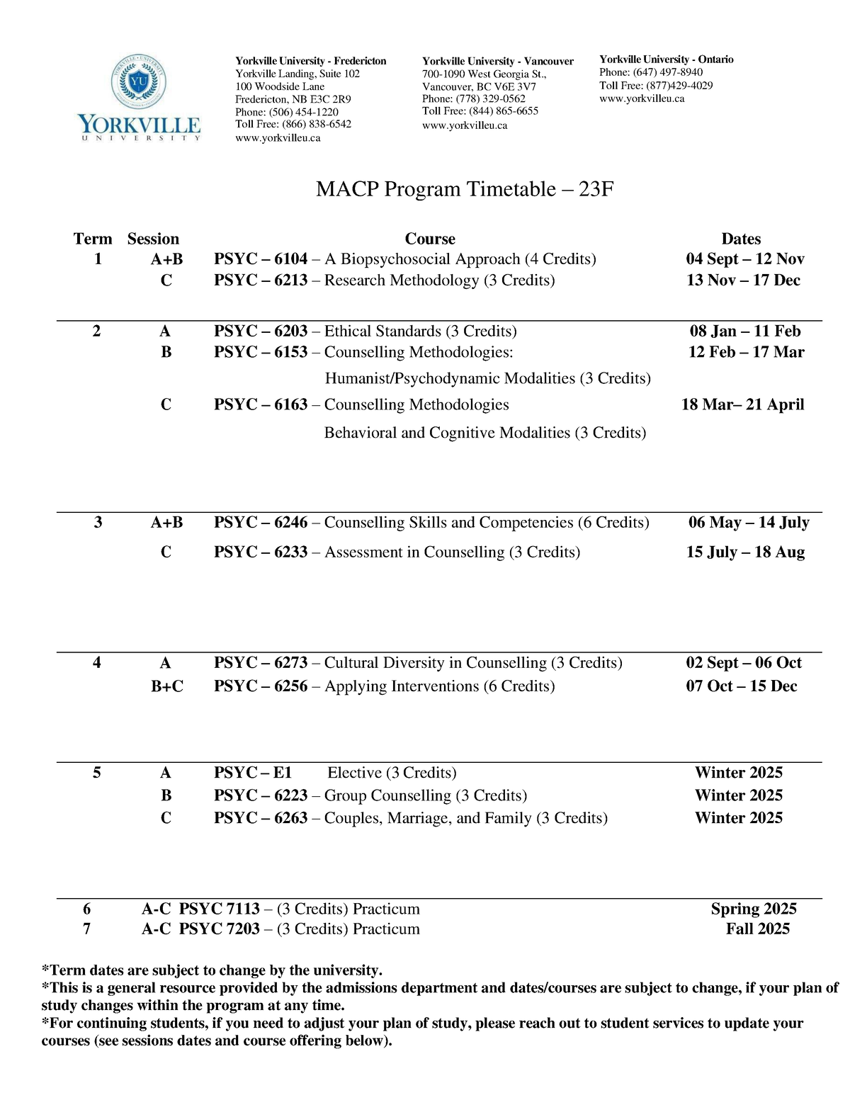 MACP Program Timetable 23F Phone (647) 497 8940 Toll Free (877