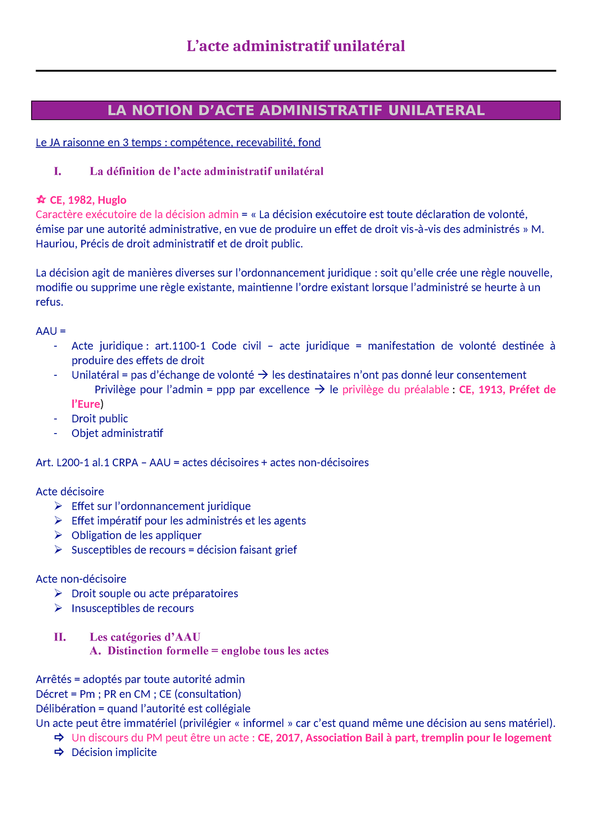 Fiche-Acte - L’acte Administratif Unilatéral LA NOTION D’ACTE ...