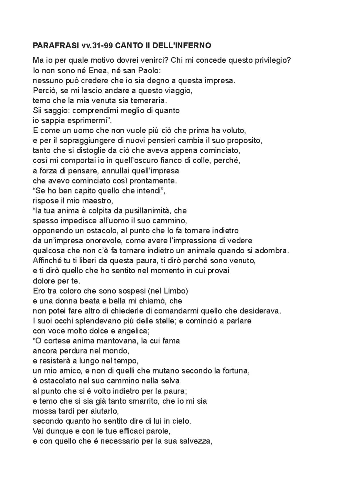 Parafrasi vv.3199 canto II inferno PARAFRASI vv99 CANTO II DELL