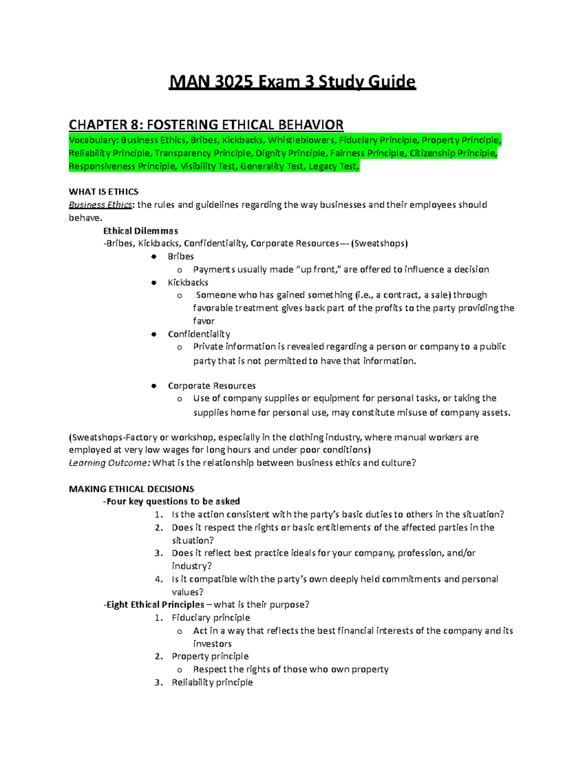 Exam 3 Study Guide - MAN 3025 Exam 3 Study Guide CHAPTER 8: FOSTERING ...
