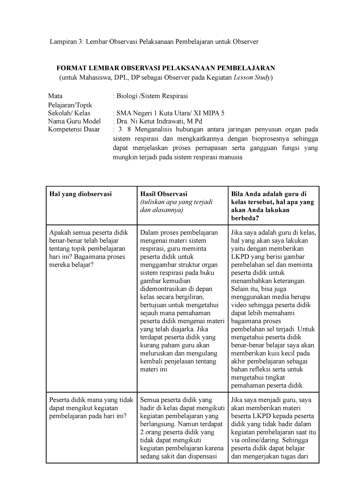 Lampiran Lembar Observasi Pelaksanaan Pembelajaran Untuk Observer Ni Ketut Indrawati M