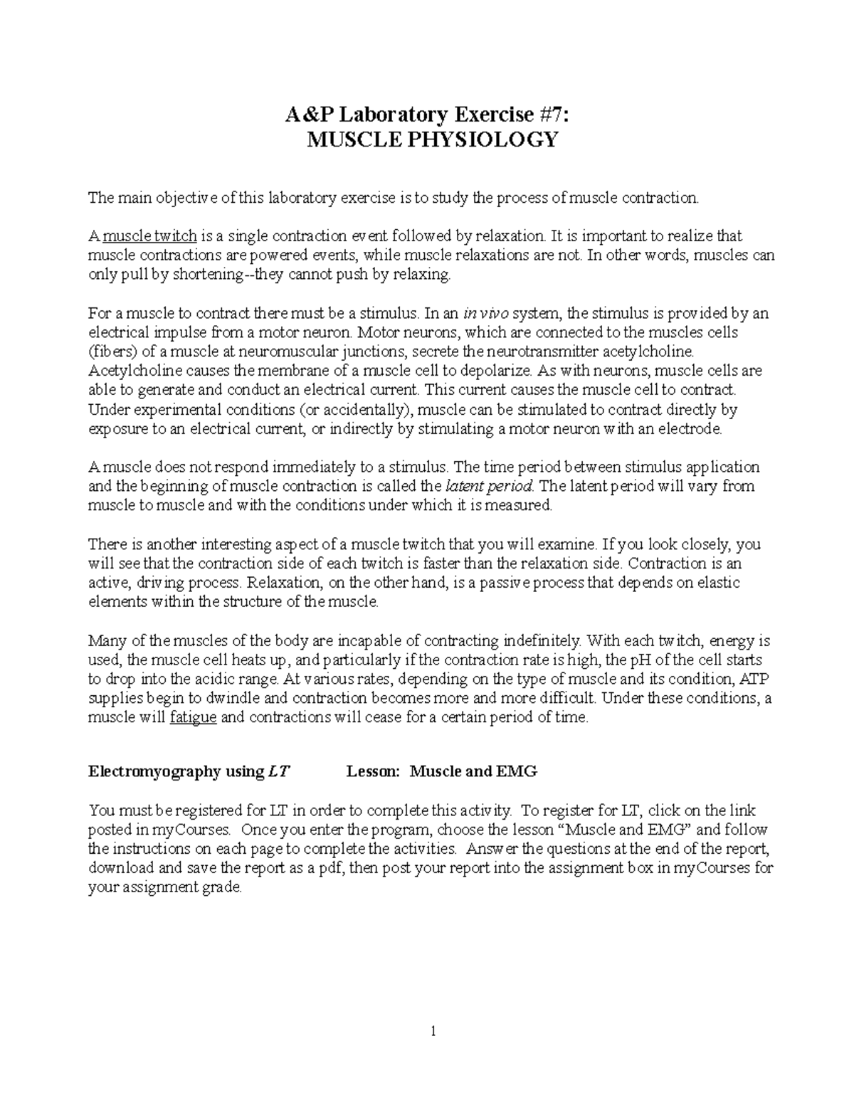 Muscle phys lab guide MM1 - A&P Laboratory Exercise #7: MUSCLE ...