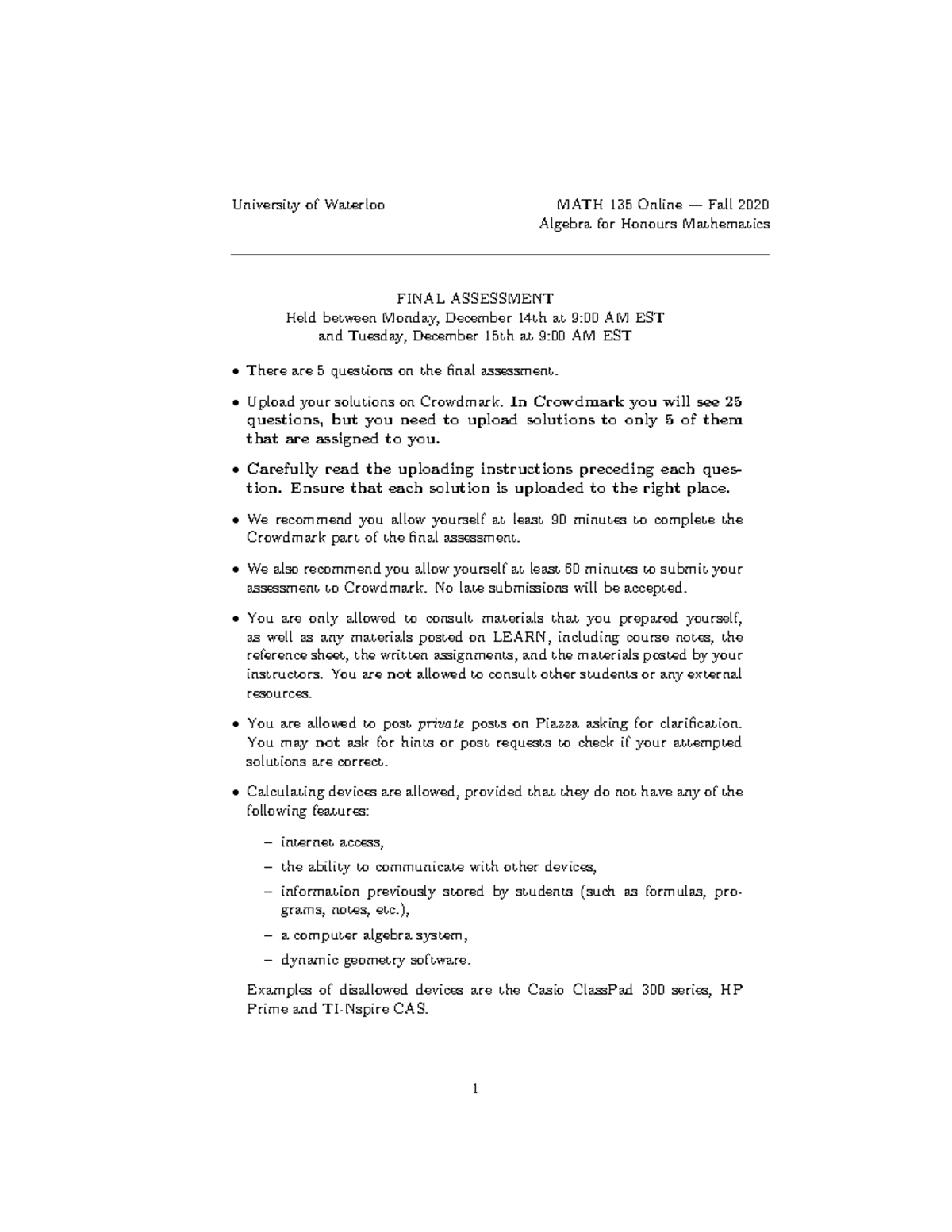 135 Exam Questions - University of Waterloo MATH 135 Online — Fall 2020 ...