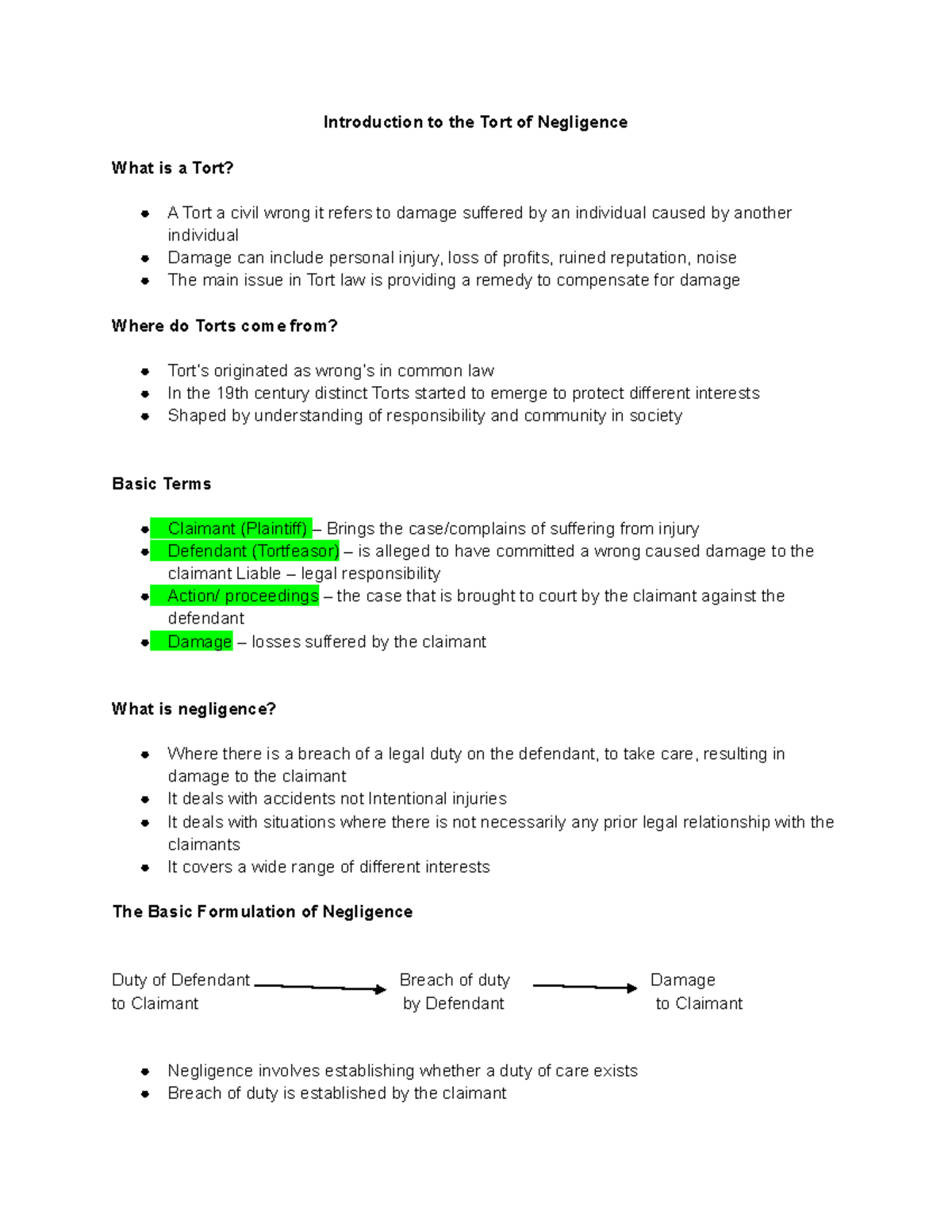 Tort Module Notes - week 1 - Introduction to the Tort of Negligence ...