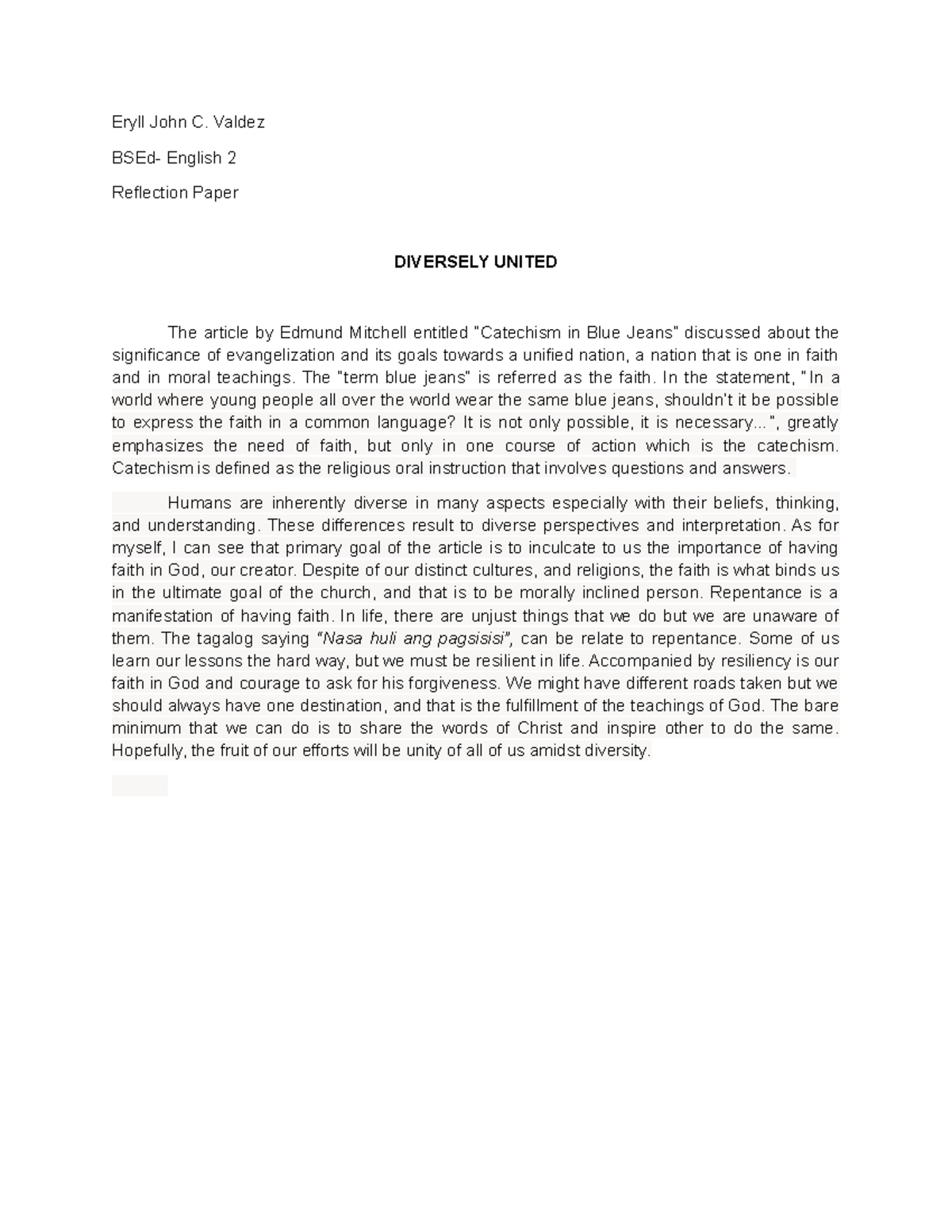 Diversely United - An Essay about theology - Eryll John C. Valdez BSEd ...