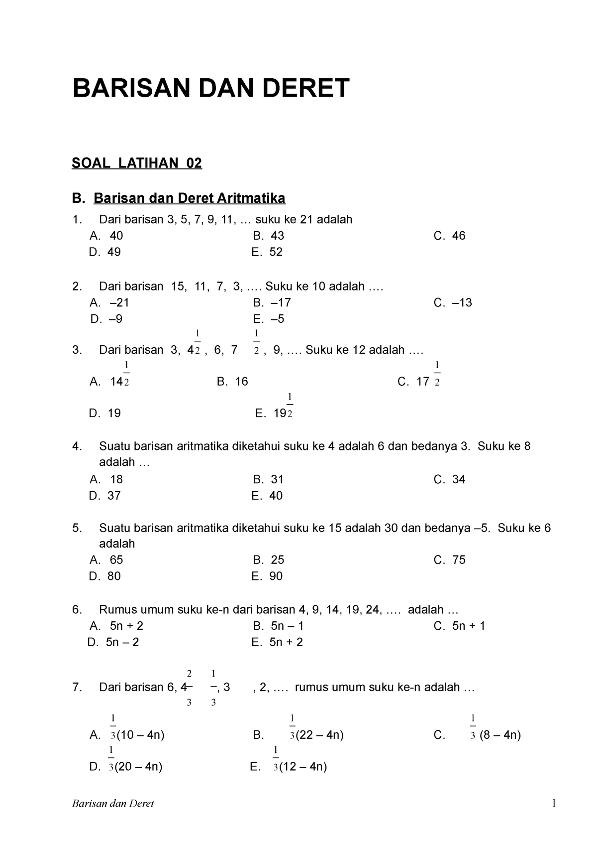 04-Latihan 03-Barisan Dan Deret Aritmatika - BARISAN DAN DERET SOAL ...