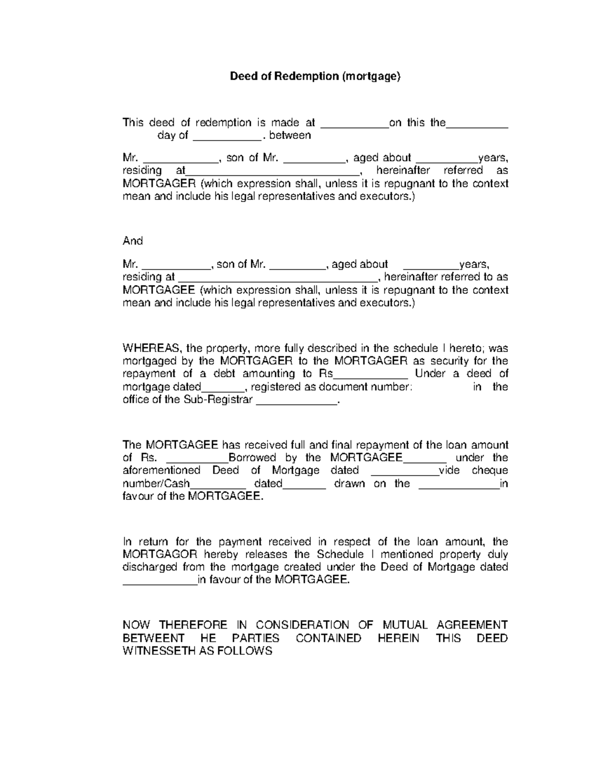Deed of Redemption Mortgage Agri Deed of Redemption (mortgage) This