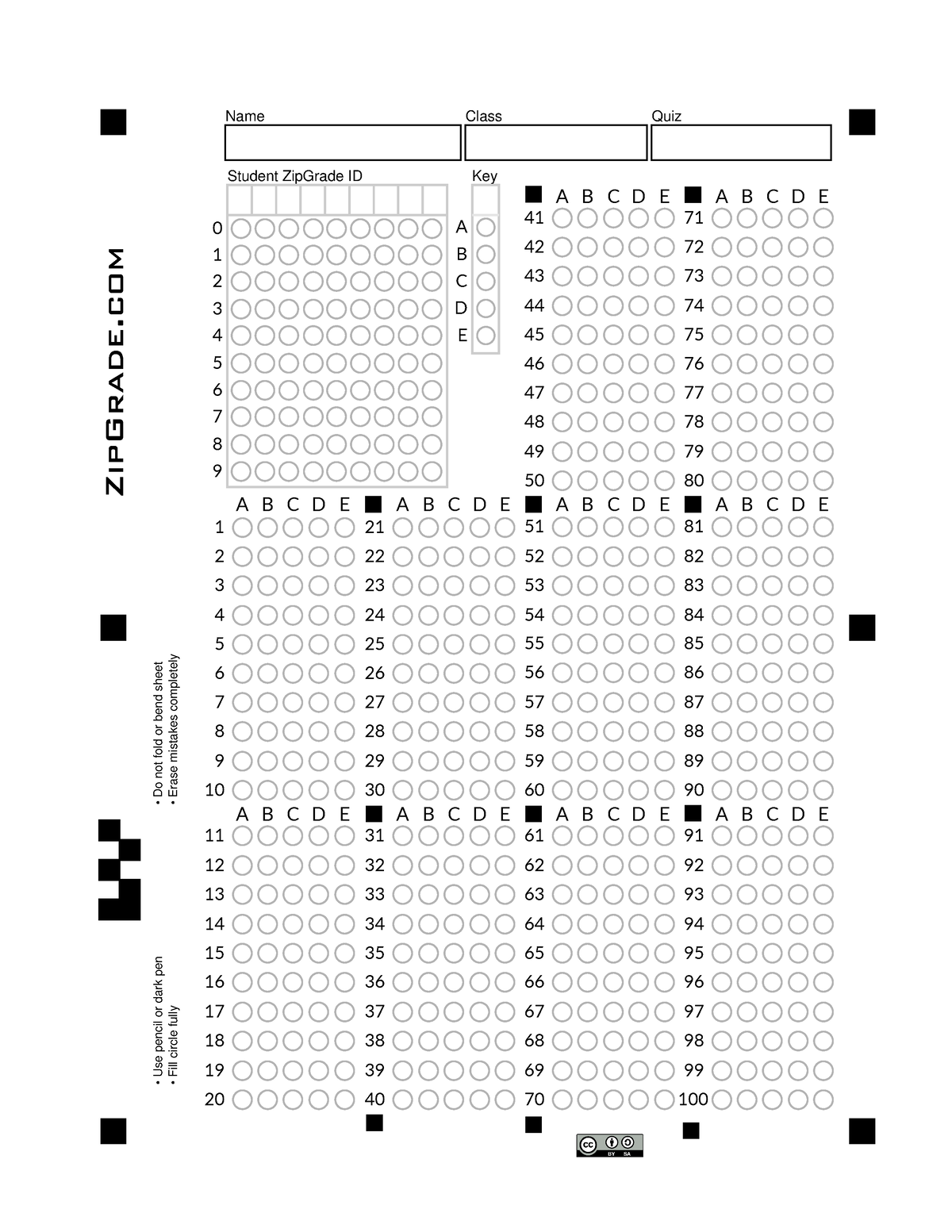 Zip Grade 100question V 2 - Name Class Quiz Zipgrade Use Pencil Or Dark 