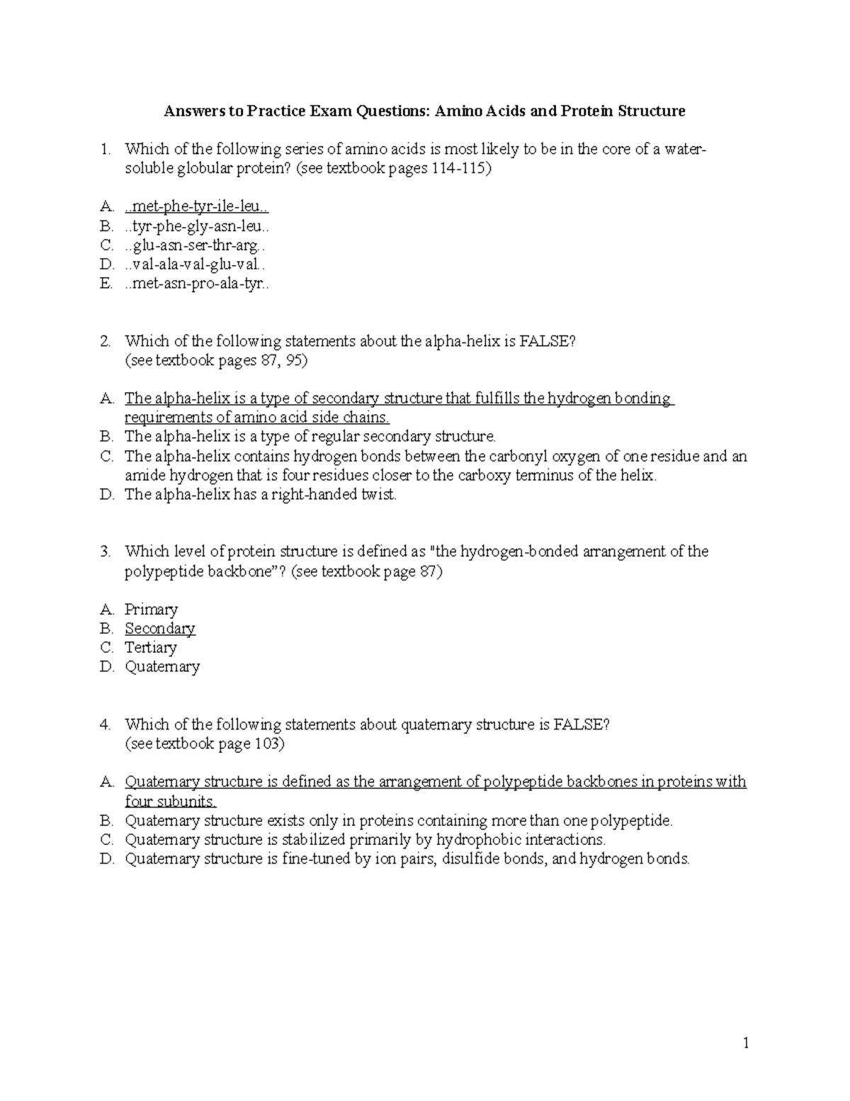 Protein Structure MCQ Answers Winter 2015 Answers to Practice Exam