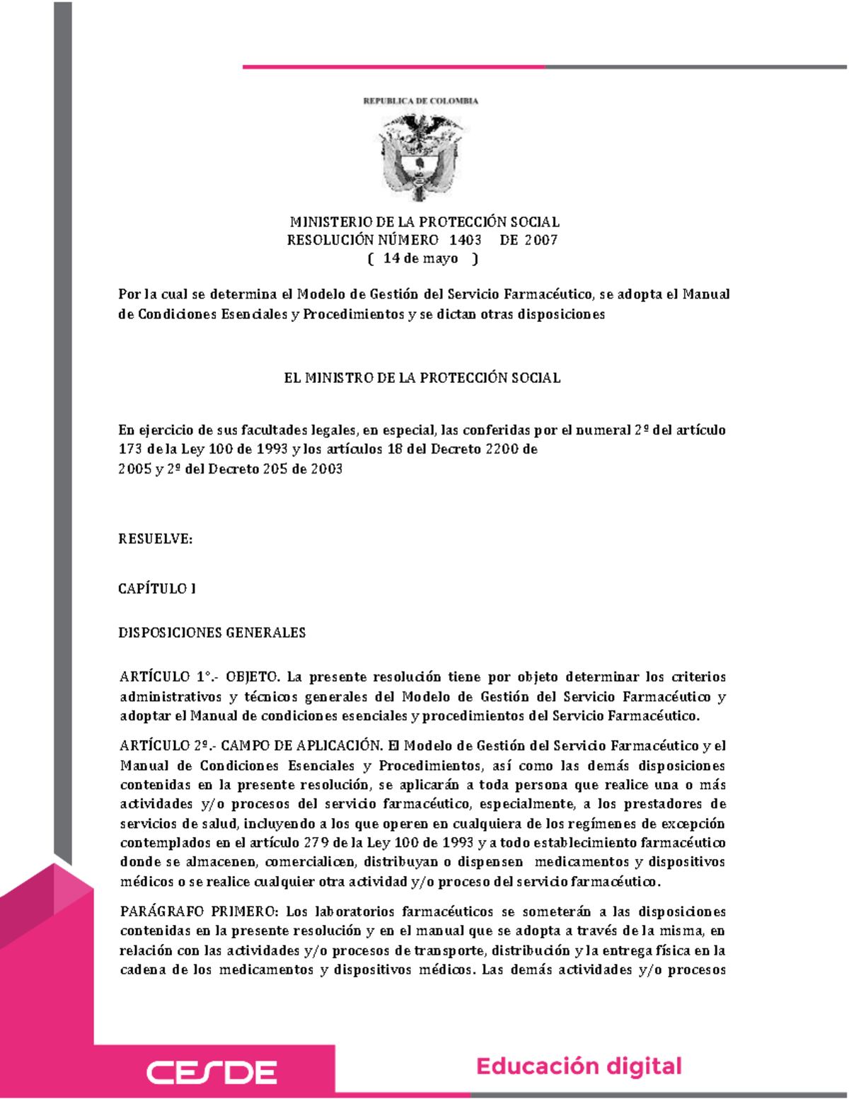 Resoluciòn 1403 - Te Saldra Muy Bien - MINISTERIO DE LA PROTECCIÓN ...