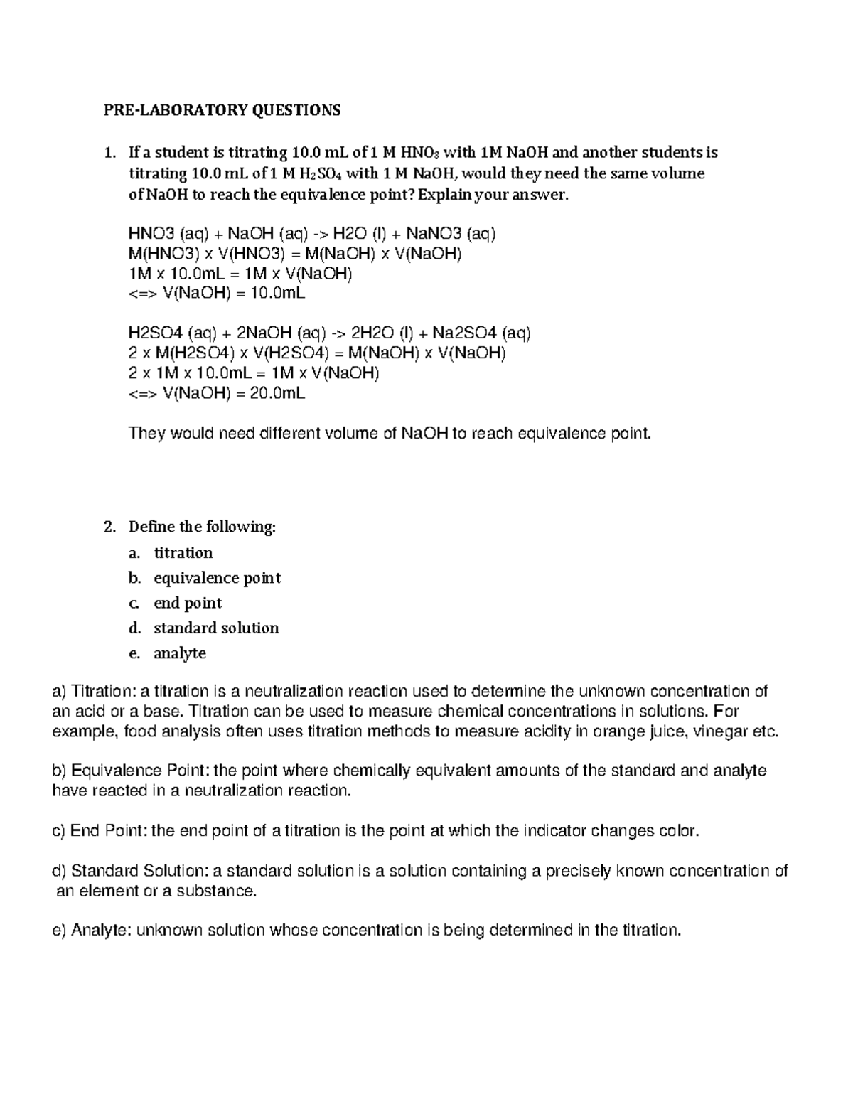 Experiment 7 Acid base titration CHEM 1111 PRELABORATORY QUESTIONS