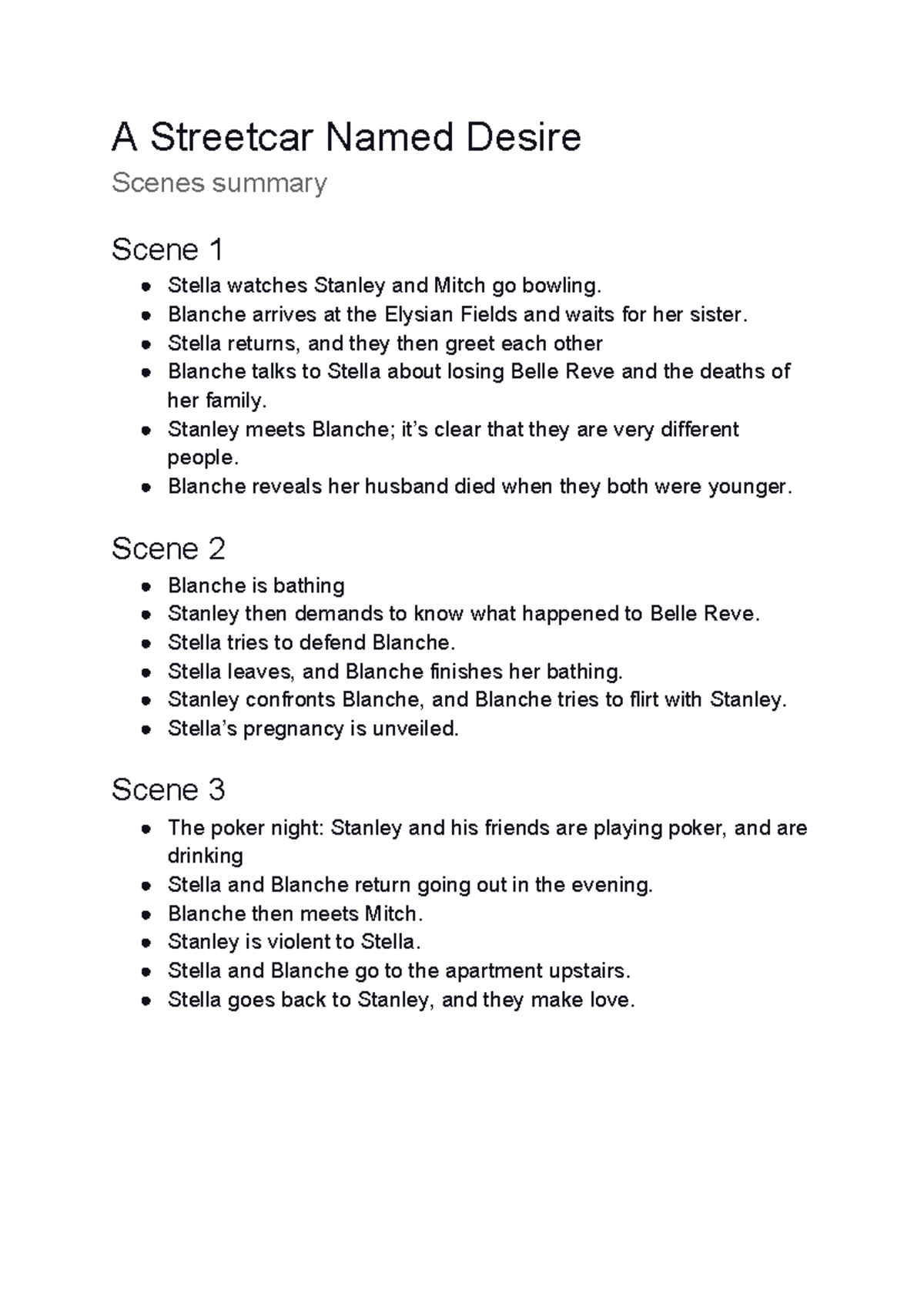 Streetcar Named Desire Summary By Scene