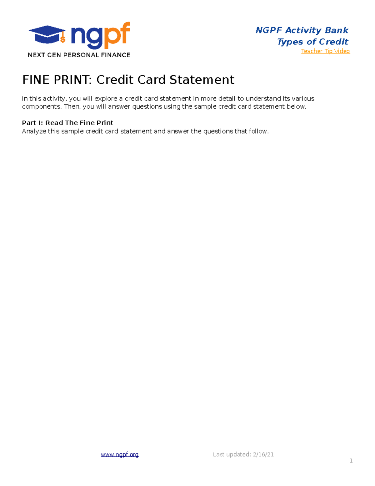 understanding a credit card statement answer key