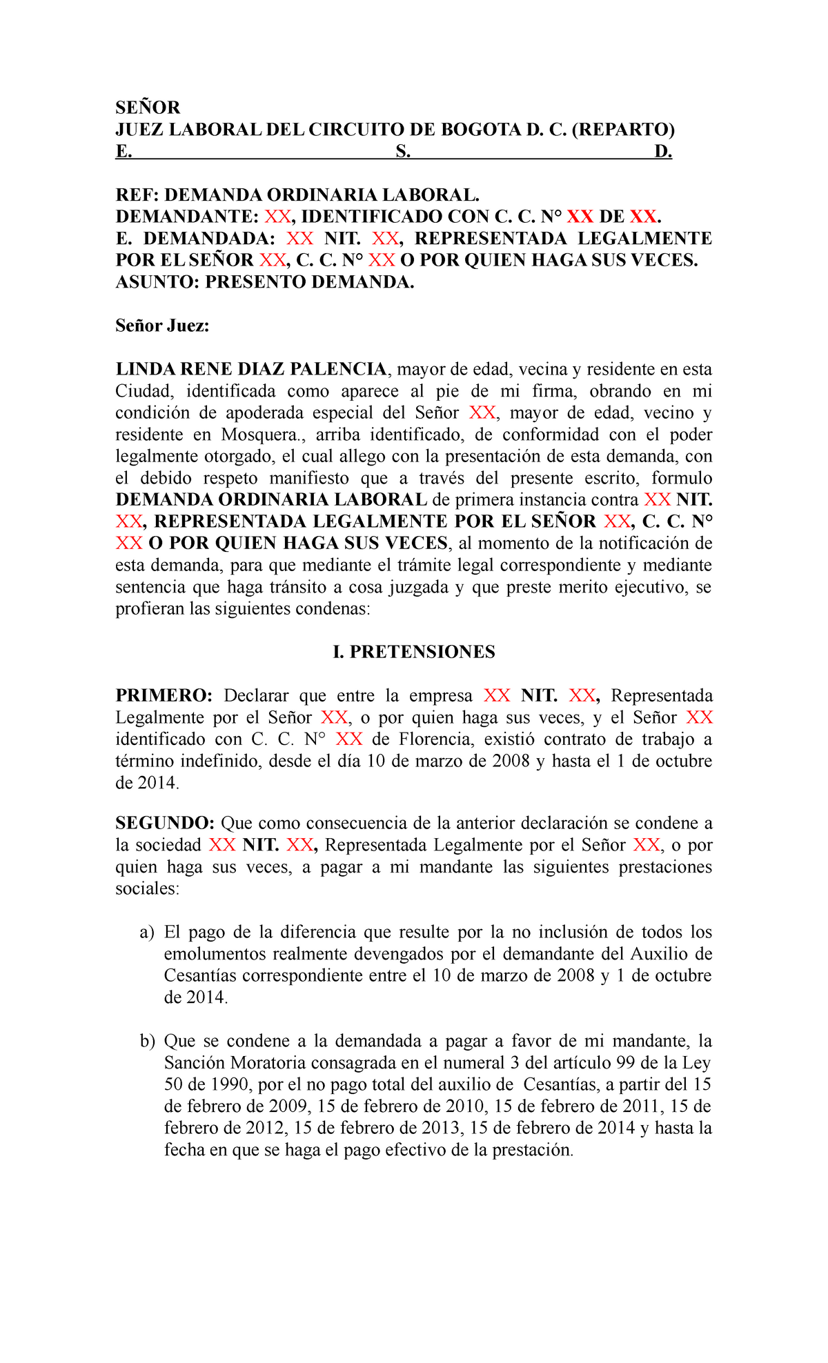 Modelo Proceso Laboral Ordinario - SEÑOR JUEZ LABORAL DEL CIRCUITO DE ...
