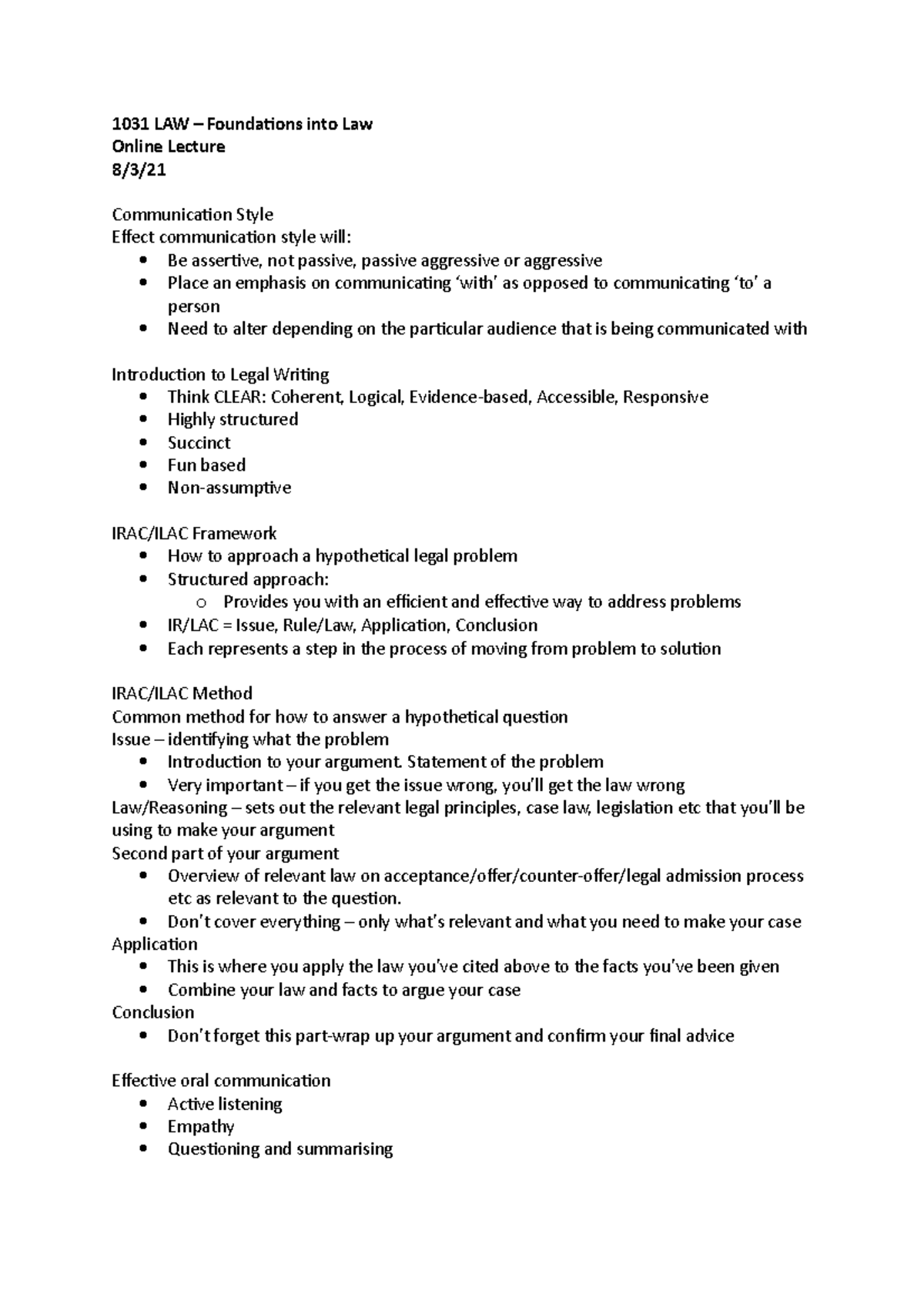 1031 LAW Foundations Lecture Notes - Week 1 - 1031 LAW – Foundations ...