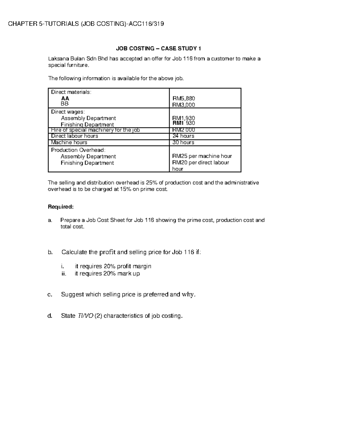 JOB COST Sheet Tutorials CHAPTER 5 TUTORIALS JOB COSTING ACC116 