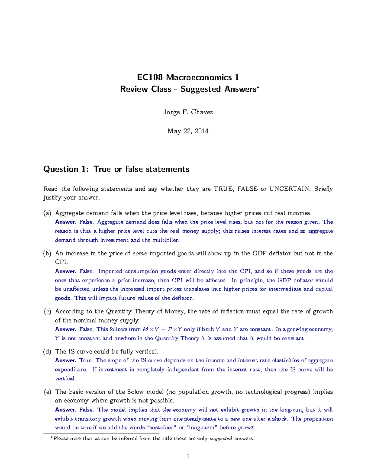 EC108 2013-2014 Review Class 1 - Solutions - EC108 Macroeconomics 1 ...