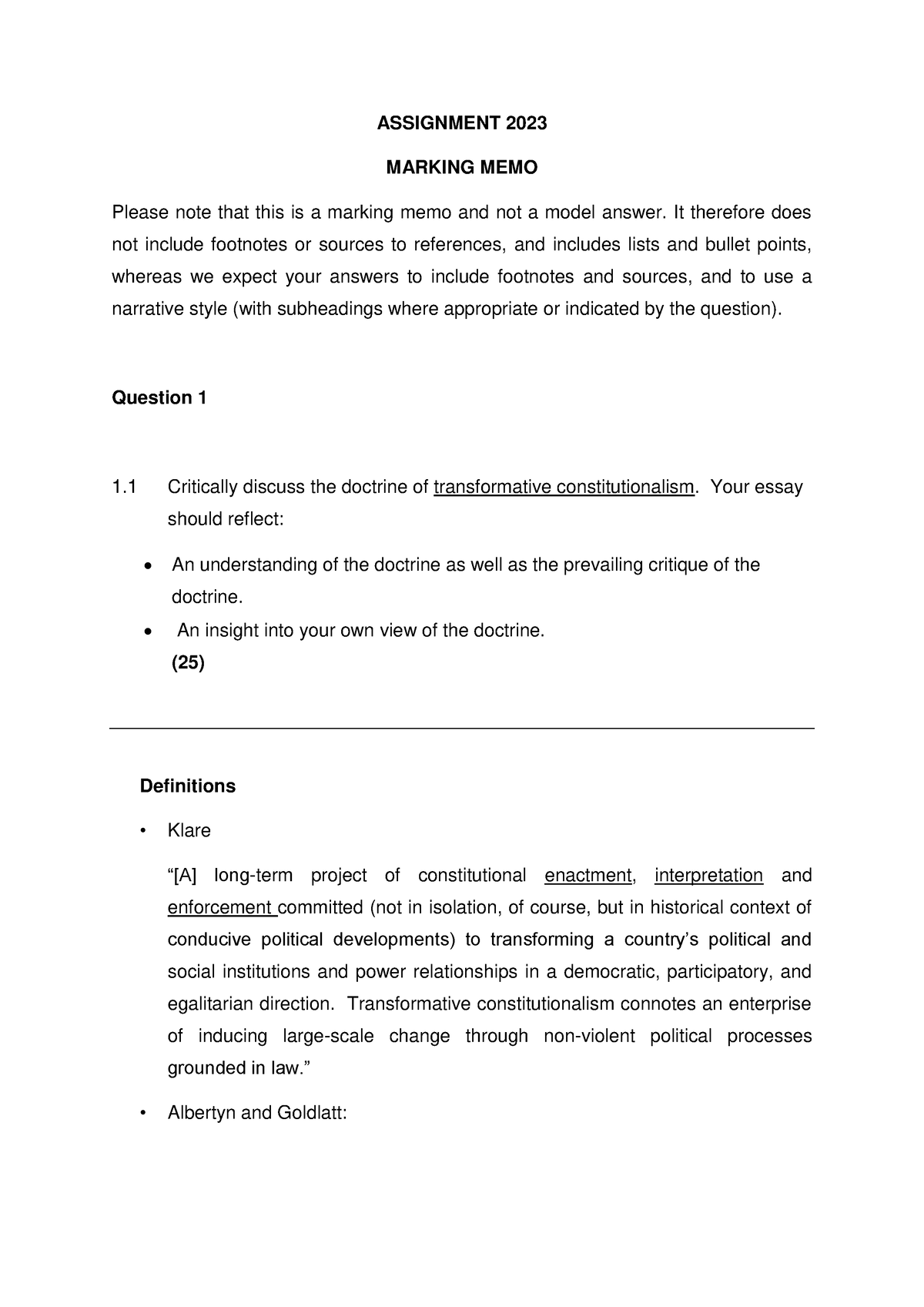 Marking Memo 2023 - Memo For 2023 Assignment - ASSIGNMENT 2023 MARKING ...