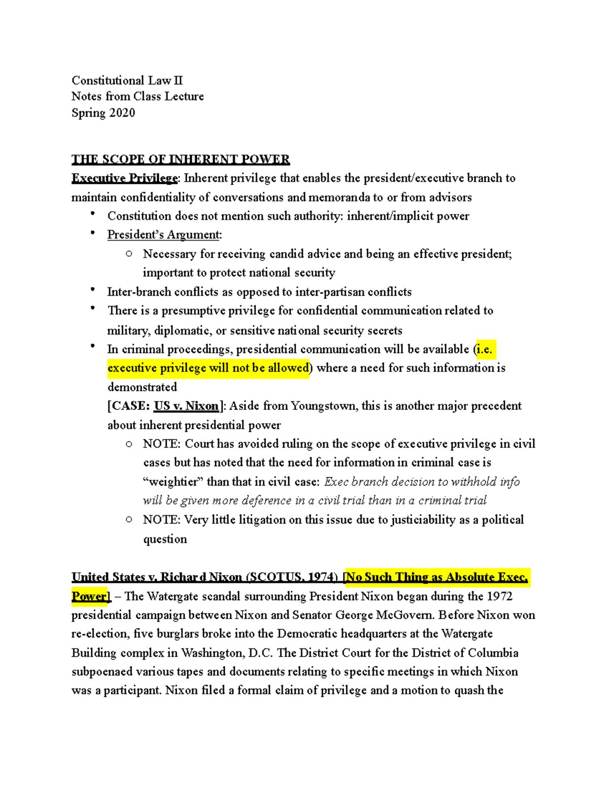 The Scope OF Inherent Power - Constitutional Law II Notes from Class ...