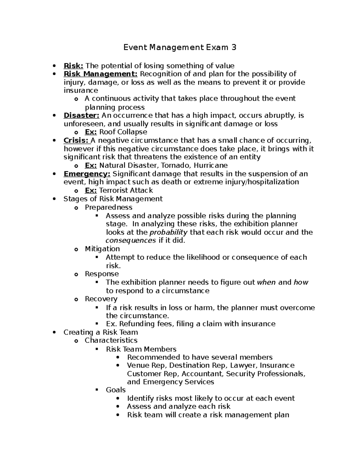 Event Management Exam 3 In analyzing these risks, the exhibition