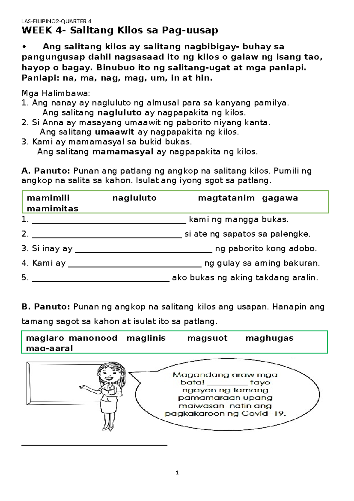 Las Filipino Q4 Week 4 Learning Activity Sheet Week 4 Salitang Kilos Sa Pag Uusap • Ang 6208