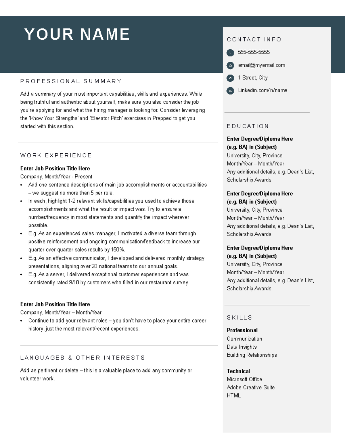 Prepped Resume Template Chronological Creative 1 Page - P R O F E S S I ...