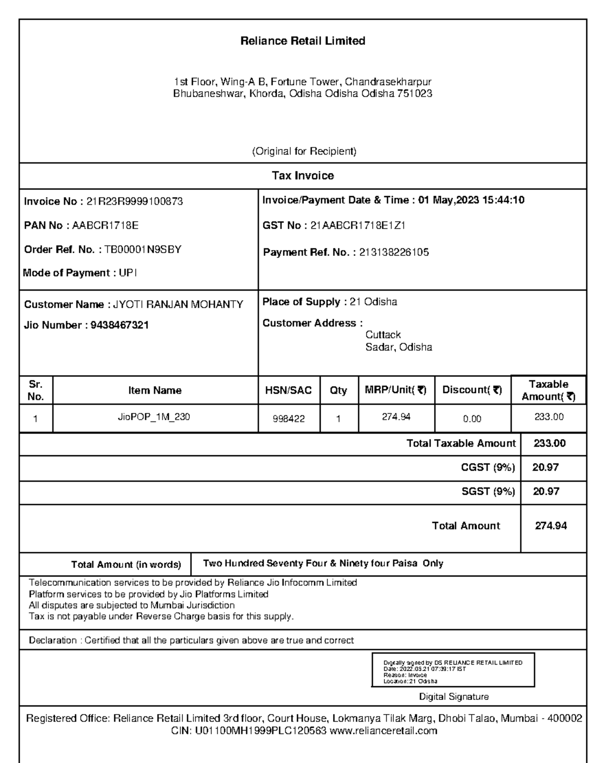 JIO Invoice - Jio - Tax Invoice (Original for Recipient) Reliance ...