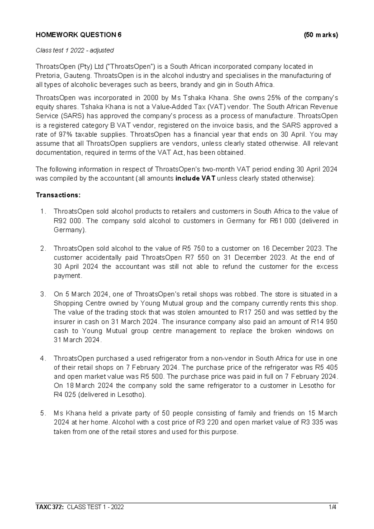 TAXC372+-+Class+test+1++2022 - HOMEWORK QUESTION 6 (50 marks) Class ...