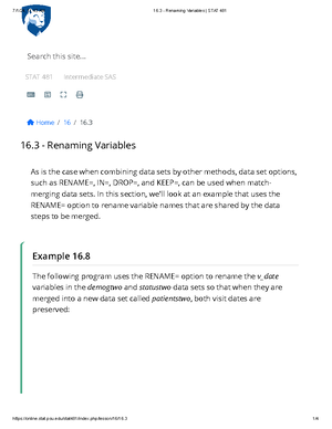 16.1 - Match-Merging SAS Data Sets STAT 481 - STAT 481 Intermediate SAS ...