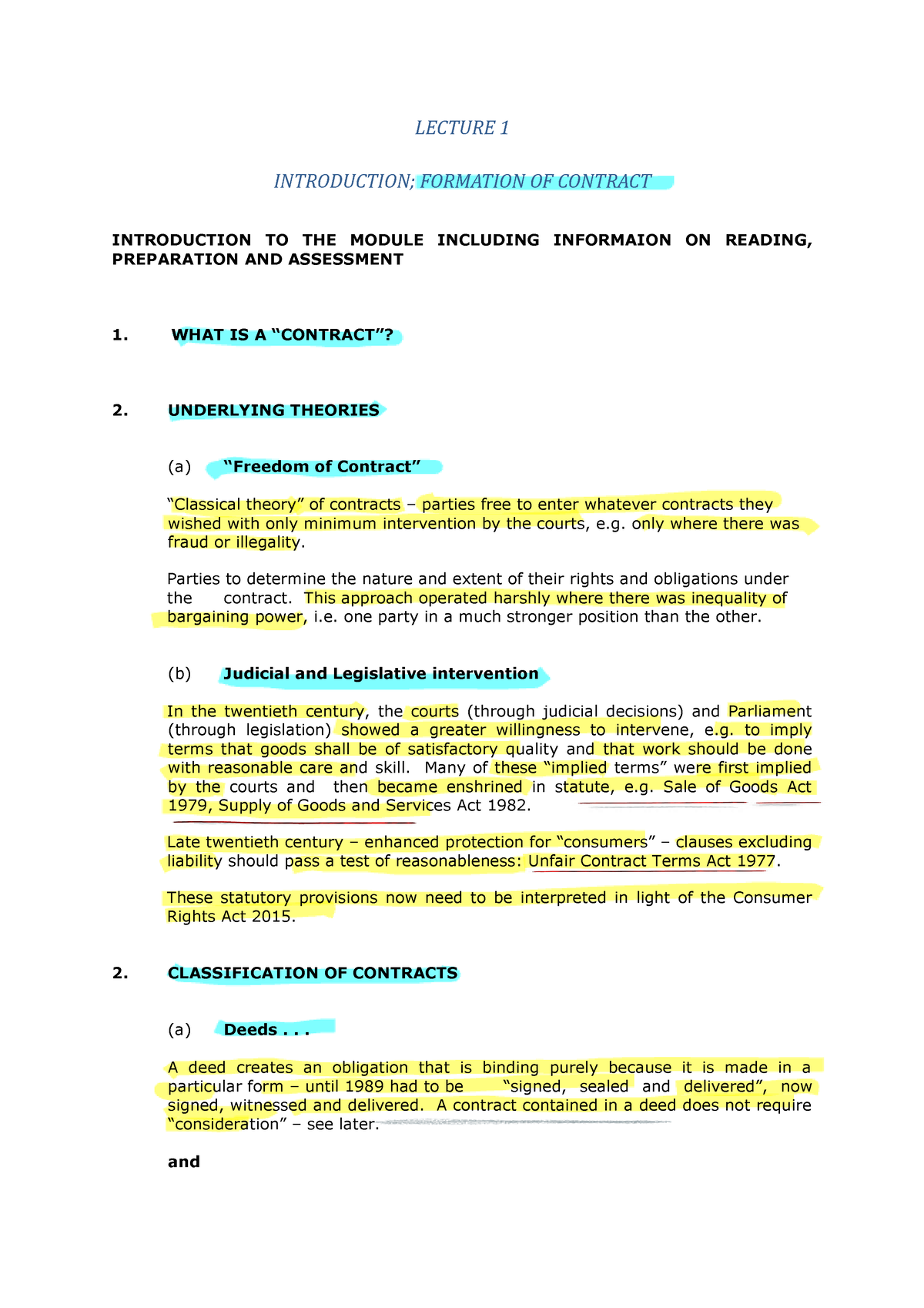 Lecture 1 - Lecture Notes Contracts - LECTURE 1 INTRODUCTION; FORMATION ...