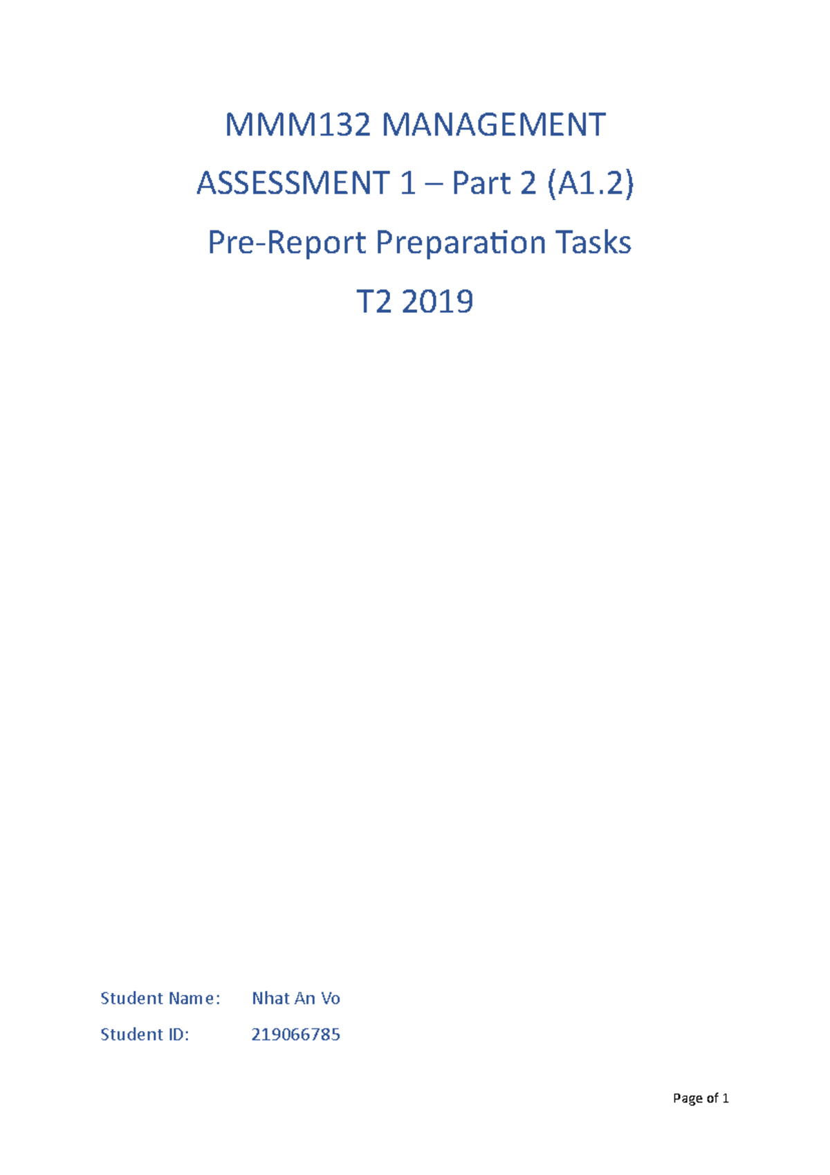 Assignment 1 -MMM132-219066785 - MMM132 MANAGEMENT ASSESSMENT 1 – Part ...