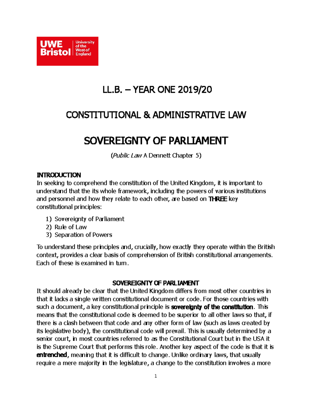 4 Sovereignty Of Parliament - LL. – YEAR ONE 2019/ CONSTITUTIONAL ...