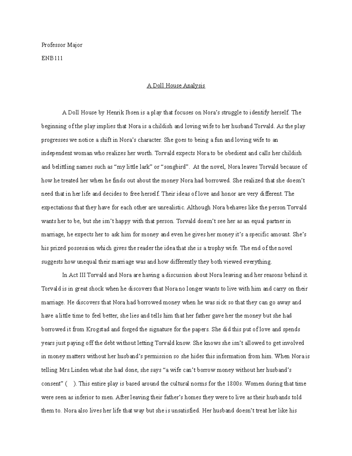 Enb 111 dollhouse Professor Major ENB A Doll House Analysis A Doll